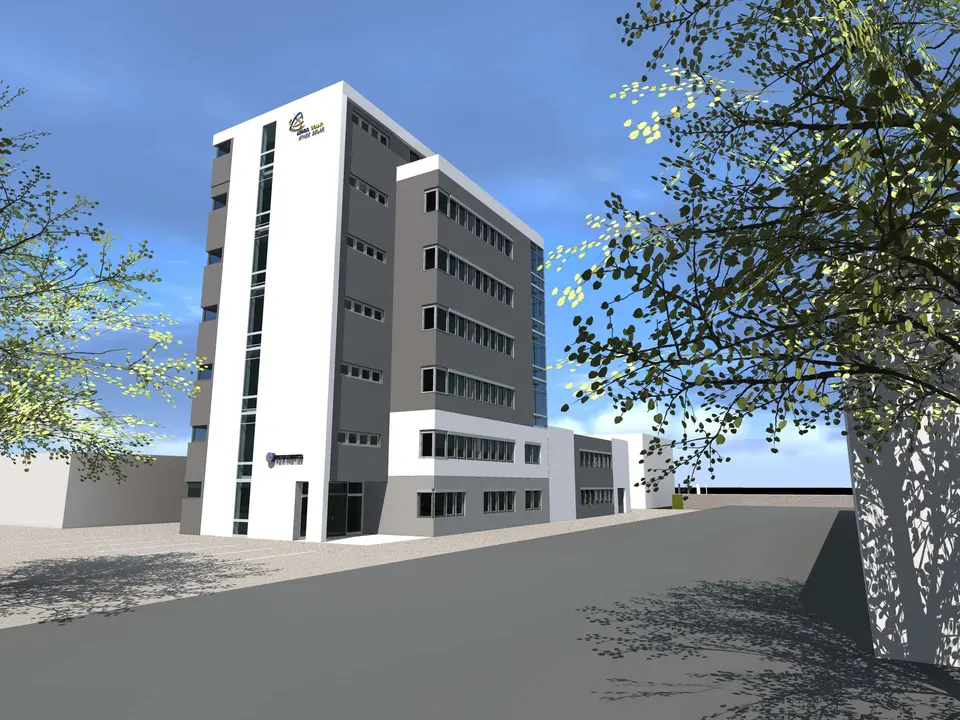 Architectural rendering of a modern multi-storey office building