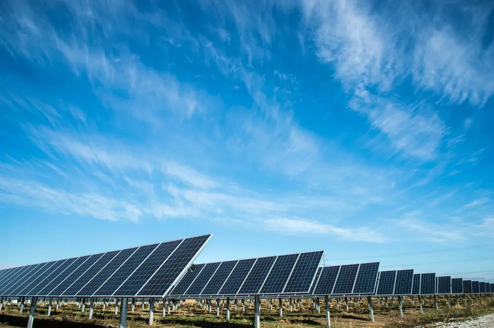 Photovoltaic modules against a blue sky